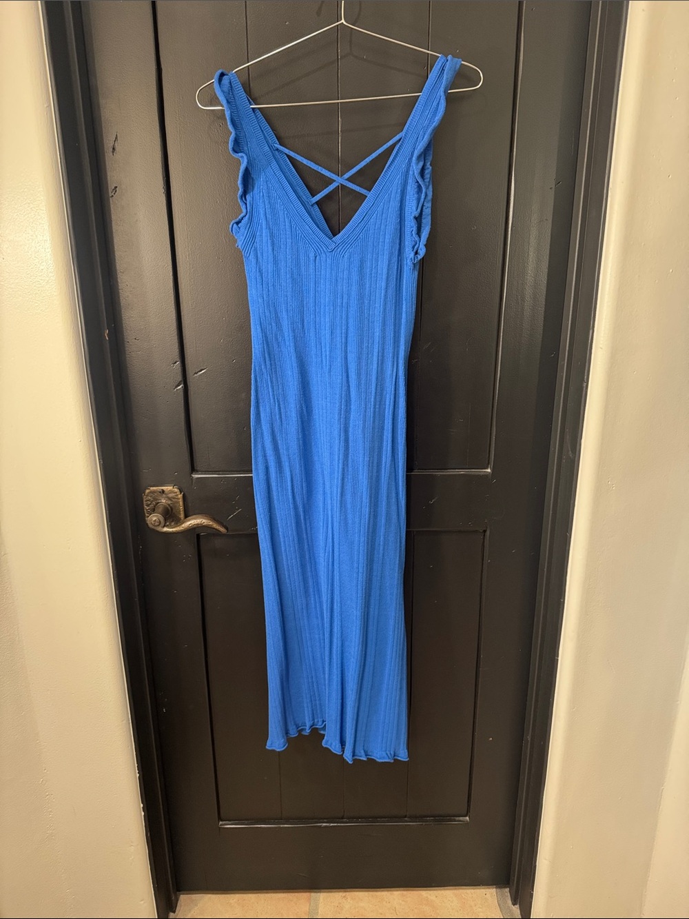 Royal Blue Ribbed V-Neck Maxi Dress with Crisscross Back